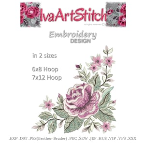 May include: An embroidery design featuring a large, detailed rose in shades of purple and pink, surrounded by smaller flowers and leaves. The design is labeled "IvaArtStitch" and is available in two sizes: 6x8 and 7x12 inch hoops.