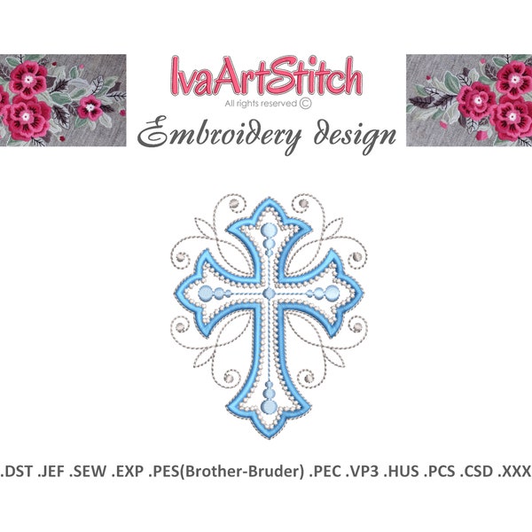 Applique Machine Embroidery Design Beautiful Elegant Embellished Cross and Motifs Lines Holy Communion Cross 5 sizes File Instant Download