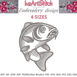 Disegno da ricamo Piccolo pesce Carpa Contorno Motivo grafico Silhouette 4 dimensioni File Download immediato