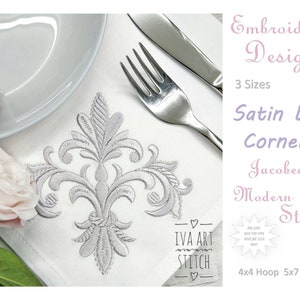 Machine Embroidery Design, Jacobean Modern Satin Lily, Flourish Scrolls, Corner Pattern, 3 sizes, File INSTANT DOWNLOAD