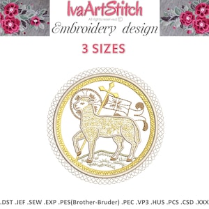 May include: An embroidery design depicting a lamb holding a cross and flag, enclosed within a gold circular frame with a decorative border. The text "Embroidery design" and "3 SIZES" are visible. Suitable for embroidery projects.