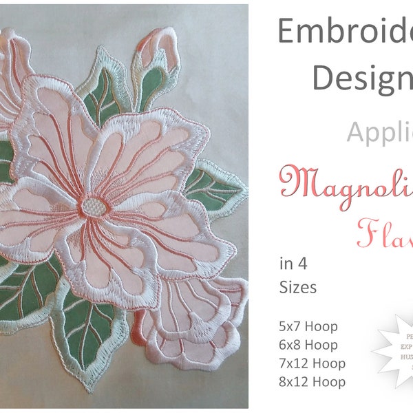 4 tailles, Applique Machine à broder Design, Fleur de Magnolia stylisée, Fichier Téléchargement instantané