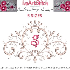 Floral Scrolls Frame Crown Machine borduurwerk ontwerpen in 5 maten: monogram (4 x 4, 5 x 7, 6 x 8 hoepel) (directe download)