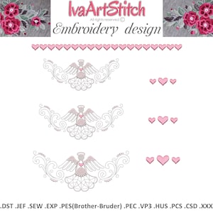 May include: Embroidery design featuring three angels with pink hearts. The angels are surrounded by delicate floral designs. The text "IvaArtStitch Embroidery design" is at the top of the image.