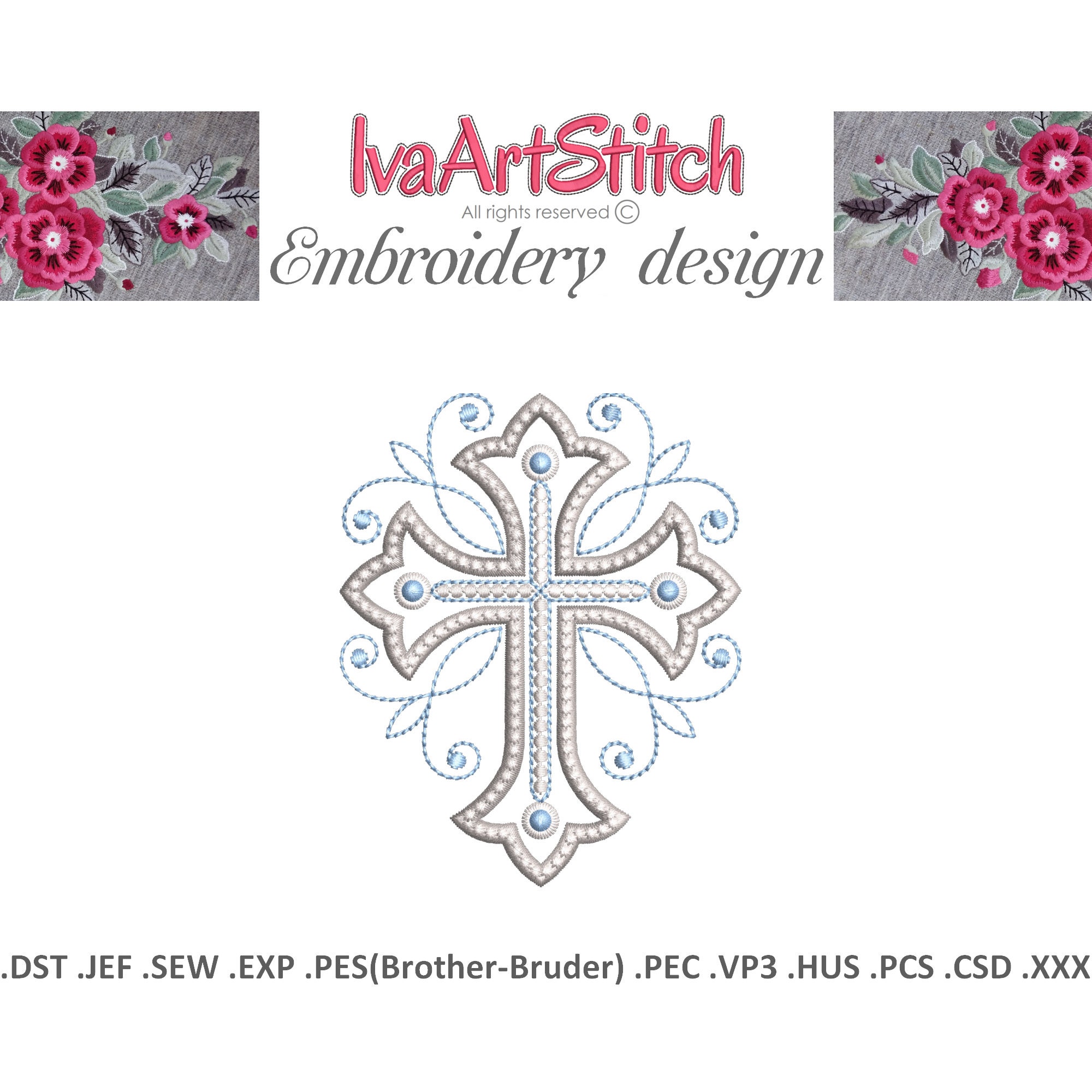 Machine Embroidery Design Beautiful Elegant Cross and Motifs Lines 3 sizes 4x4 Hoop 5x7 Hoop File Instant Download
