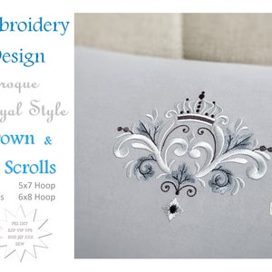Machine Embroidery Design, Crown Scrolls, Satin Design, Baroque Royal Style, File Instant Download