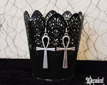 Large Silver Egyptian Ankh Earrings Gothic Earrings Goth Earrings Deathrock Earrings  Goth Jewelry Egyptology Egypt