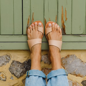 Greek Women Handmade Flat Leather Sandals with Asymetric Straps ~ Spring Summer Toe Ring Slides Easy Wear High Quality Sandals ~ HARMONIA,