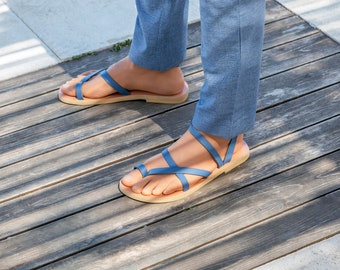 Sandalias de cuero para hombre de estilo griego / Sandalias de verano cómodas y duraderas / Sandalias de vacaciones de color azul de cuero genuino de alta calidad / PATROKLOS