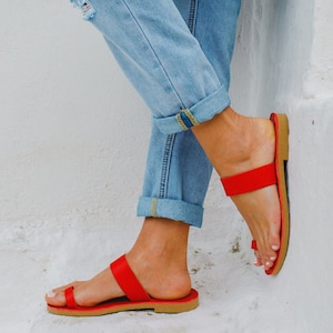 Red Leather sandals with Toe ring Women&#39;s Sandals Classic Sandals Greek Sandals Handmade Sandals Red Shoes sandales grecques, Kionas, RHEA,
