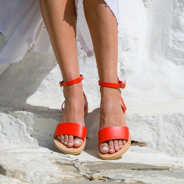 Greek Leather Sandals with Ankle Strap , Handmade to order Flat sandals, Available in many Colors and Sizes Women's Shoes, Kionas, ERATO