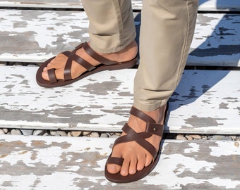 Griechisch-römische Herren-Ledersandalen, handgefertigte hochwertige Herrensandalen im griechischen Stil, Sommerurlaub-Herrenschuhe, braune Leder-Herren-Slides, HELIOS