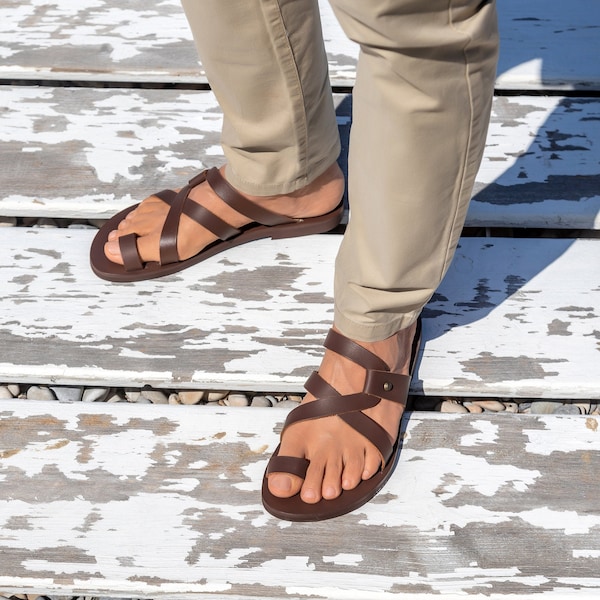 Greek Roman Men Leather Sandals, Handmade Greek Style Quality Men's Sandals, Summer Vacation Men's shoes, Brown Leather Men Slides, HELIOS