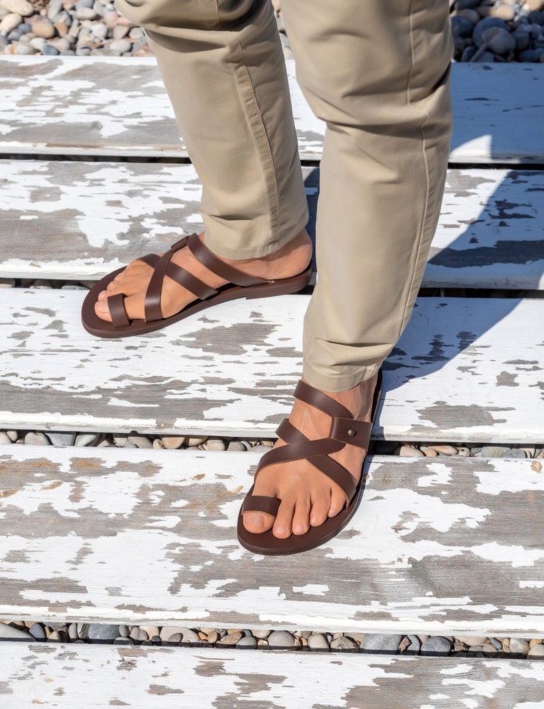 Greek Roman Men Leather Sandals, Handmade Greek Style Quality Men's Sandals, Summer Vacation Men's shoes, Brown Leather Men Slides, HELIOS image 1