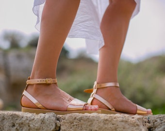 Greek Leather sandals, Ankle strap sandals, Elegant sandals, Flat sandals, Women shoes, Kionas, ERATO