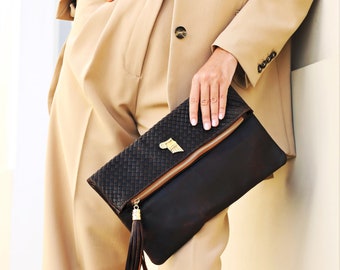 Bolso clutch de cuero con 2 bolsillos interiores de cuero, Clutch de sobre marrón para mujer, Bolso de cuero Evening Clutch Bag, Regalo para mujer