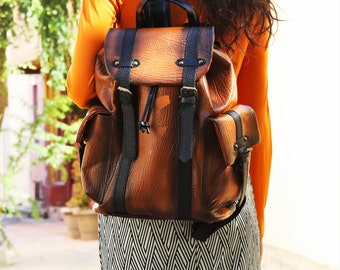 Backpack with shadows effect in tan, Leather Backpack Unisex, Leather Rucksack, Backpack Purse, Made in Greece from Full Grain Leather,