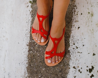 Sandals, Leather Sandals ,Ancient Greek Sandals, Women Sandals, Red Sandals, Handmade Flat Sandals, Slide Sandals, Women Shoes, THETIS