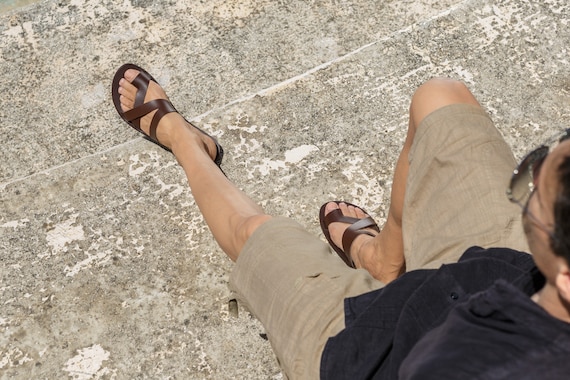 Men Greek Roman Leather Sandals, Handmade Greek Style Quality Men's Sandals, Summer Vacation Men's shoes, Brown Leather Men Slide on,  ZEUS