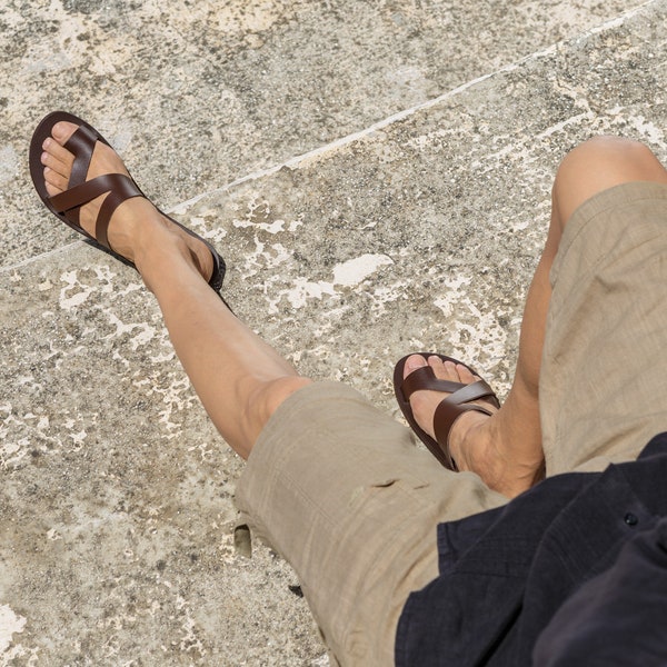 Men Greek Roman  Leather Sandals, Handmade Greek Style Quality Men's Sandals, Summer Vacation Men's shoes, Brown Leather Men Slides,  ZEUS
