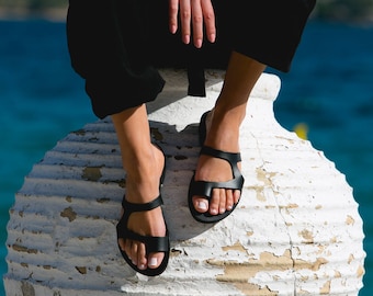 Handmade Greek Leather Slide Sandals for Women, Comfortable Flat Summer Travel Shoes, ARIES