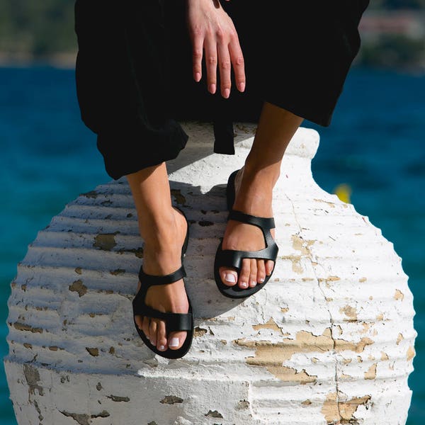 Handmade Greek Leather Slide Sandals for Women, Comfortable Flat Summer Travel Shoes, ARIES