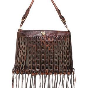 Fringe leather  bag in dark brown, Hippie Tassel, Ethnic Boho Handbag, Large Bohemian Satchel, Western Leather Bag, Braided 70s leather bag