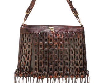 Sac en cuir à franges en marron foncé, Hippie Tassel, Ethnic Boho Handbag, Large Boho Satchel, Western Leather Bag, Braided 70s leather bag