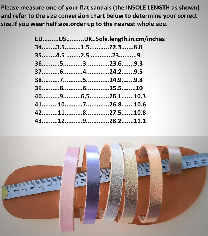 May include: A size conversion chart for flat sandals, showing European, US, and UK sizes, along with insole length in centimeters and inches. The chart is printed on a white background. A close-up of five sandals in different colors is shown below the chart, with a measuring tape placed on top of the sandals.