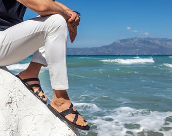 Greek Roman Men Leather Sandals, Handmade Greek Style Quality Men's Sandals, Summer Vacation Men's shoes, Black Leather Men Slides, HELIOS