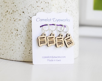 Set of 4 Stitch Markers, M1L and M1R, Laser Engraved Wood Stitch Markers, Increase Stitch Markers - Birch Outline