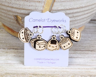 Set of 5 Stitch Markers, Kawaii Ramen and Sushi, Laser Engraved Wood Stitch Markers