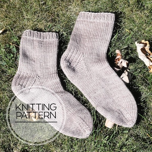 May include: A pair of knitted socks in a light brown color. The socks are made with a simple stitch pattern and have a ribbed cuff. The socks are laid out on a bed of green grass. The image includes the text "Knitting Pattern Purple Wool Co."