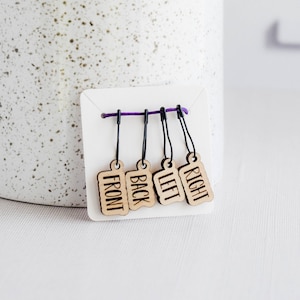 Set of 4 Removable Stitch Markers - Front Back Left Right - Laser Engraved Wood Stitch Markers, Sweater Stitch Markers - Birch Outline