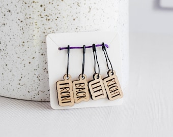 Set of 4 Removable Stitch Markers - Front Back Left Right - Laser Engraved Wood Stitch Markers, Sweater Stitch Markers - Birch Outline