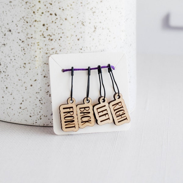 Set of 4 Removable Stitch Markers - Front Back Left Right - Laser Engraved Wood Stitch Markers, Sweater Stitch Markers - Birch Outline