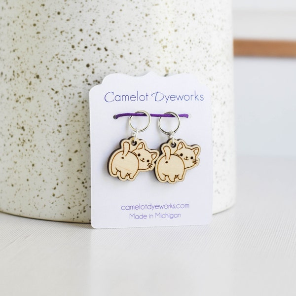 Set of 2 Stitch Markers, Cat Butts, Laser Engraved Wood Stitch Markers, Cat Stitch Markers