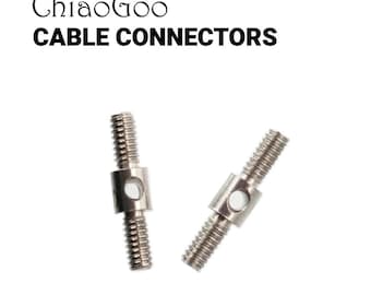 May include: Two silver metal cable connectors with a threaded design and a small hole in the center.  The connectors are used to connect cables together.