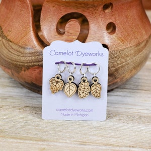 Set of 4 Stitch Markers, Fall Leaves, Laser Engraved Wood Stitch Markers