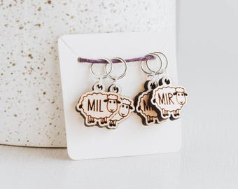 Set of 4 Stitch Markers, M1L and M1R, Laser Engraved Wood Stitch Markers, Increase Stitch Markers - Sheep