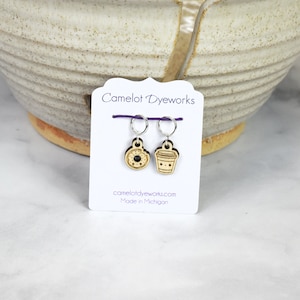 Set of 2 Stitch Markers, Kawaii Donut and Coffee, Laser Engraved Wood Stitch Markers