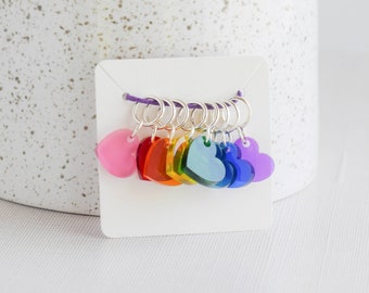 Set of 8 Stitch Markers, Rainbow Hearts, Laser Engraved Acrylic Stitch Markers, Rainbow Acrylic Stitch Markers