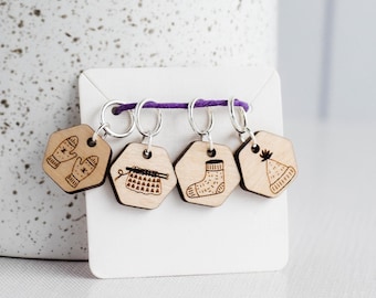 Set of 4 Stitch Markers - Knitting Projects - Laser Engraved Wood Stitch Markers, Knit Hat, WIP, Knit Sock, Knitting Stitch Markers