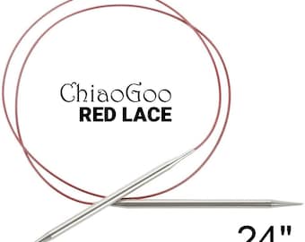 May include: A 24-inch long, silver, circular knitting needle with a red cord. The needle is made by ChiaoGoo and is called "Red Lace".