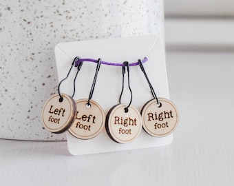 Set of 4 Removable Stitch Markers - Left Foot and Right Foot - Laser Engraved Wood Stitch Markers, Sock Stitch Markers - Birch