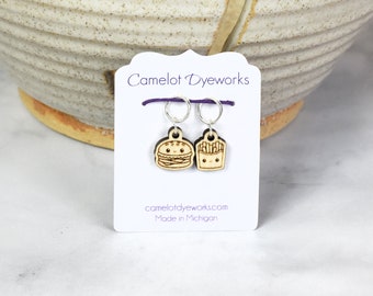 Set of 2 Stitch Markers, Kawaii Burger and Fries, Laser Engraved Wood Stitch Markers