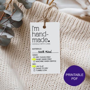 I'm Handmade - Handgemachte Pflege Tags, PDF nur, Strickpflege Tag, Waschanleitung Pflege Tag für handgemachte Waren, Knit with Love