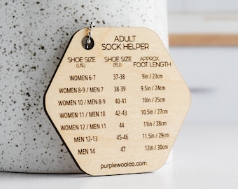 Knitting Sock Helper - Adult Men and Women - Size Chart for Knitting Socks, Helpful Sock Knitting Tag, Wood Knitting Accessories, Knit Gift