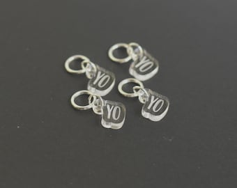 Set of 4 Stitch Markers, YO, Laser Engraved Acrylic Stitch Markers, Yarn Over Increase Stitch Markers - Clear Outline