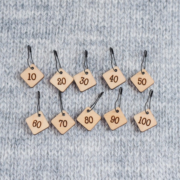 Set of 10 Removable Stitch Markers - 10-100 - Cast On Counting Numbers, Row Counter Stitch Markers, Counting Stitch Markers - Birch